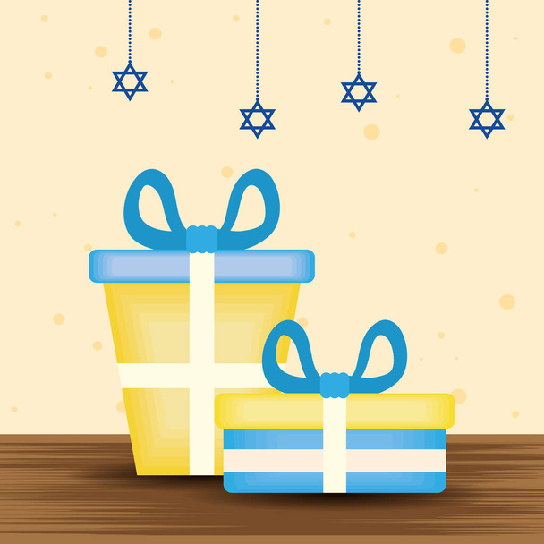 heureux Hanoukka carte de célébration avec des cadeaux et des étoiles suspendus
 - Vecteur, image