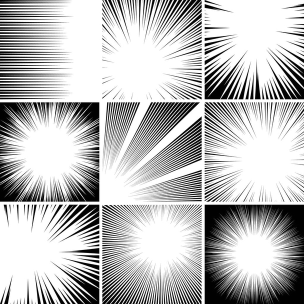 Comic retro background. Speed action lines template, comic book stripe effects and motion wave explosions elements vector background set. Collection of black and white manga backdrops - Wektor, obraz