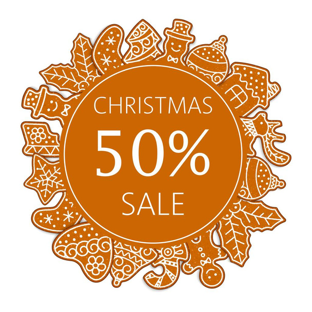Christmas sale banner made of gingerbread cookies vector illustration. Traditional Christmas homemade gingerbread sweets sale discount. Best for sweets shops and cafe. - Wektor, obraz