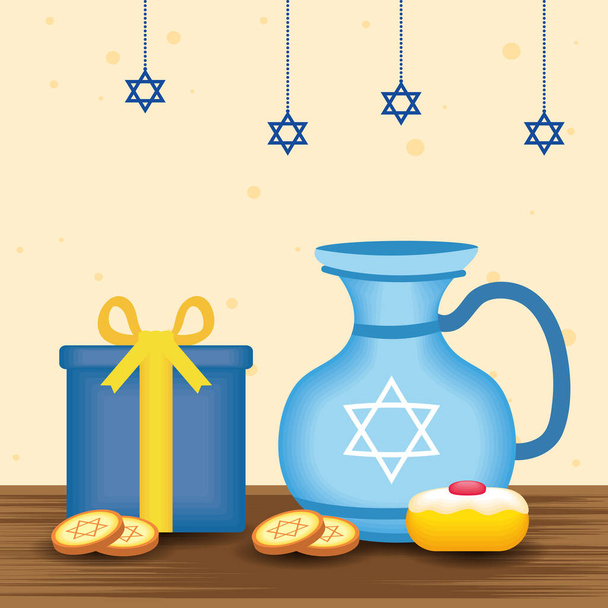 felice scheda celebrazione hanukkah con teiera e cibo dolce
 - Vettoriali, immagini