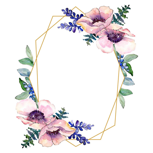 Paarse boeket bloemen botanische bloem. Aquarel achtergrond afbeelding instellen. Frame grens ornament vierkant. - Foto, afbeelding