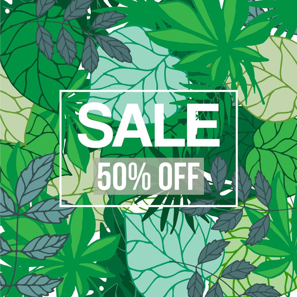 Tropical jungle foliage with sale text, vector illustration. Green exotic foliage background with palm trees and leaves and white frame with sale or discount. - Διάνυσμα, εικόνα