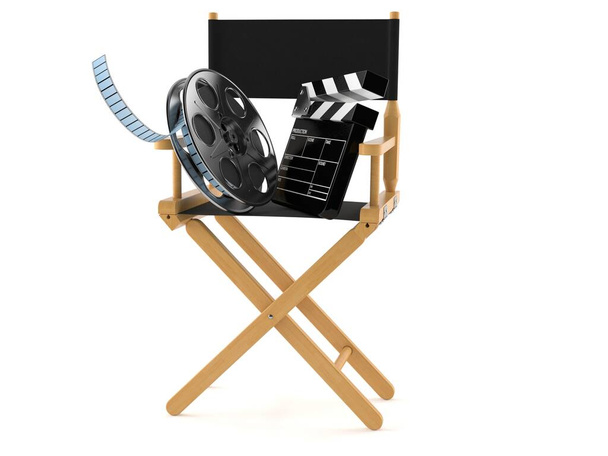 フィルムリールとクラップボード付きの映画監督椅子 - 写真・画像