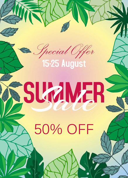 Summer sale tropical poster with palm leaves, vector illustration. Jungle leaf and typography. Floral tropical summer sale exotic background. Hawaii style design. - ベクター画像