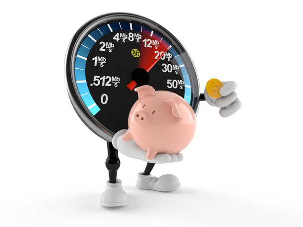 Network speed meter character holding piggy bank - Photo, Image