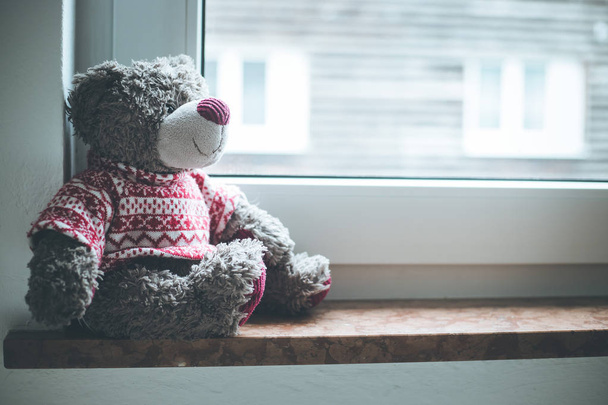 Cute teddy bear is sitting on the windowsill, looking out of the window - Foto, Imagem