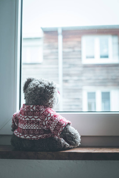 Cute teddy bear is sitting on the windowsill, looking out of the window - Foto, Imagem