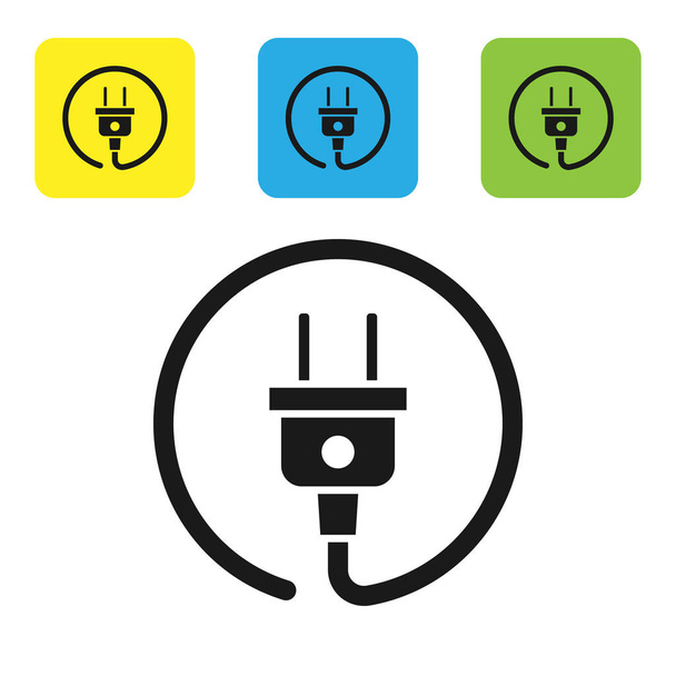 Black Electric plug ikon elszigetelt fehér háttérrel. A villamos energia csatlakoztatásának és lekapcsolásának fogalma. Állítsa ikonok színes négyzet gombok. Vektorillusztráció - Vektor, kép