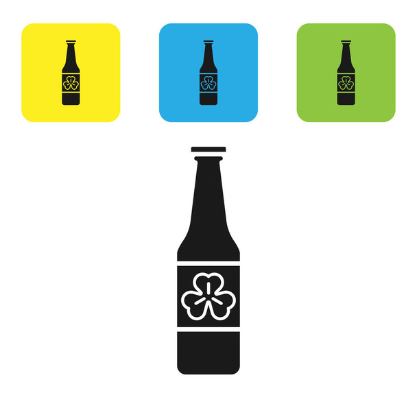 Black Beer bottle with four leaf clover icon isolated on white background. Happy Saint Patricks day. Set icons colorful square buttons. Vector Illustration - Vektor, Bild