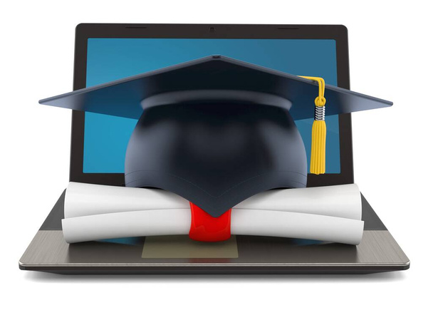 Mortarboard with certificate on laptop - Photo, Image