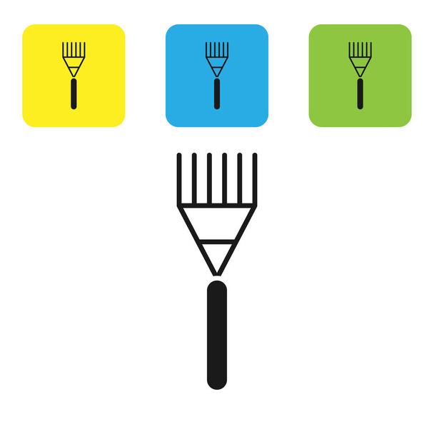 Black Garden rake icon isolated on white background. Tool for horticulture, agriculture, farming. Ground cultivator. Housekeeping equipment. Set icons colorful square buttons. Vector Illustration - Vettoriali, immagini