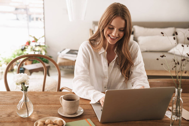 Happy positive cute beautiful business woman sit indoors in office using laptop computer. - Φωτογραφία, εικόνα