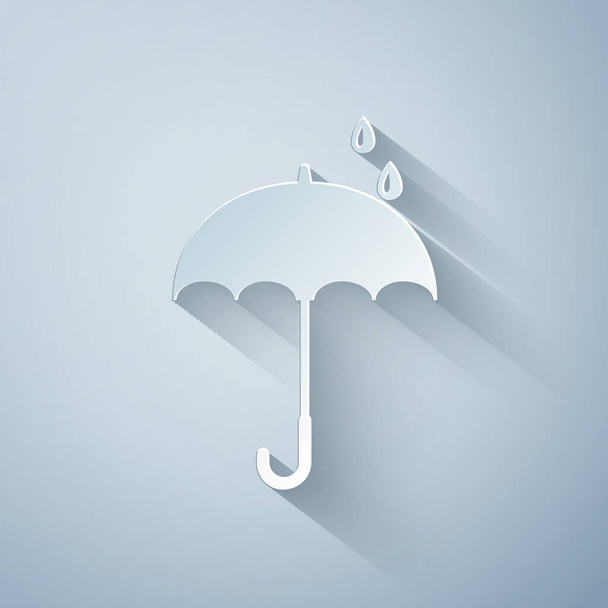 Paper cut Classic elegant opened umbrella icon isolated on grey background. Rain protection symbol. Paper art style. Vector Illustration - Vector, Image