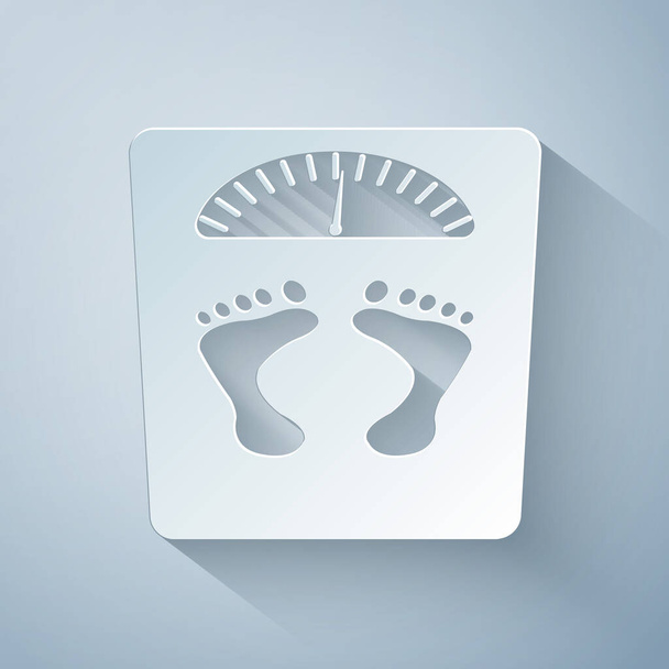 Paper cut Bathroom scales with footprints icon isolated on grey background. Weight measure Equipment. Weight Scale fitness sport concept. Paper art style. Vector Illustration - Vector, Image