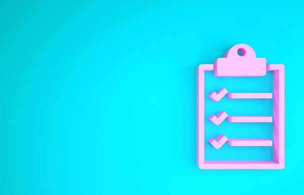 Portapapeles rosa con icono de lista de verificación aislado sobre fondo azul. Concepto minimalista. 3D ilustración 3D render
 - Foto, Imagen