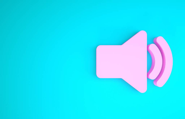 Icono de volumen de altavoz rosa: símbolo de sonido de voz de audio, icono de música multimedia aislado en fondo azul. Concepto minimalista. 3D ilustración 3D render
 - Foto, imagen