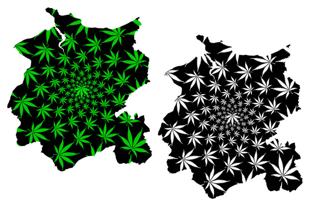 Conwy County Borough (Reino Unido, País de Gales, Cymru, Principais áreas do País de Gales) mapa é projetado folha de cannabis verde e preto, Conwy mapa feito de maconha (maconha, THC) foliag
 - Vetor, Imagem