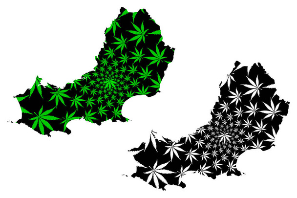Swansea Cynon Taf (Reino Unido, País de Gales, Cymru, Principais áreas do País de Gales) mapa é projetado folha de cannabis verde e preto, Cidade e Condado de Swansea mapa feito de maconha (maconha, THC) foliag
 - Vetor, Imagem