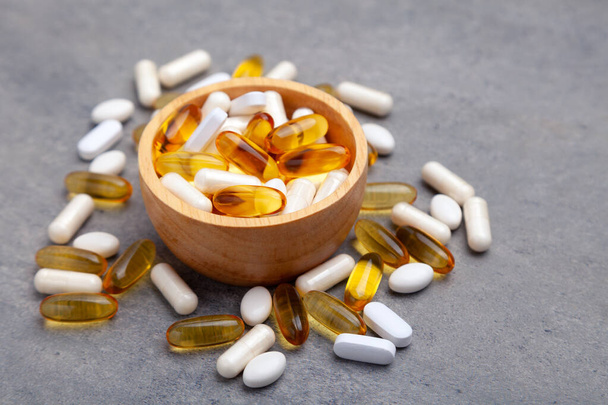 Assortment scattered pharmaceutical medicine vitamins, pills, dr - Photo, Image