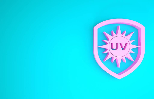 Icône de protection UV rose isolée sur fond bleu. Soleil et bouclier. Rayonnement ultraviolet. Panneau solaire SPF. Concept de minimalisme. Illustration 3D rendu 3D
 - Photo, image