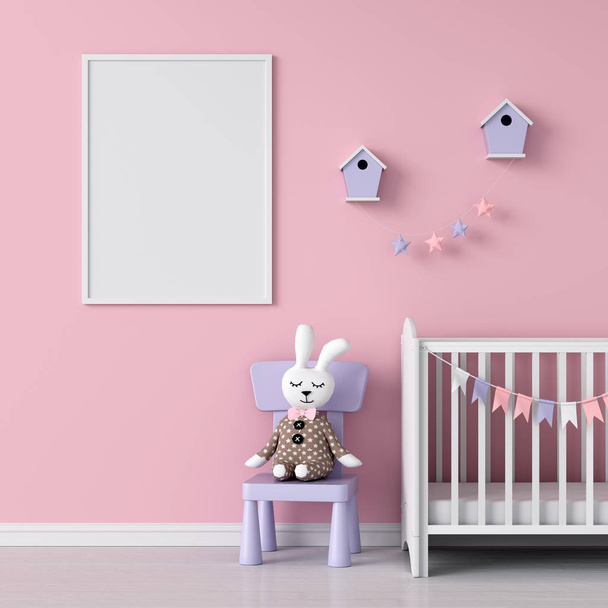 Blank photo frame for mockup in child room, 3D rendering - Фото, изображение
