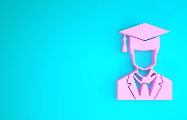 Розовый мужчина аспирант профиль с платьем и значок выпускной шапки изолированы на синем фоне. Концепция минимализма. 3D-рендеринг
 - Фото, изображение