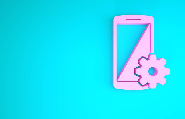 Rózsaszín Beállítás okostelefon ikon elszigetelt kék háttérrel. Mobiltelefon és felszerelés. Beállítás, szerviz, beállítás, karbantartás, javítás, javítás. Minimalizmus koncepció. 3d illusztráció 3d render - Fotó, kép