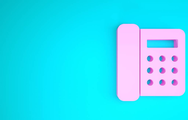 Pink Telephone icon isolated on blue background. Landline phone. Minimalism concept. 3d illustration 3D render - Photo, Image