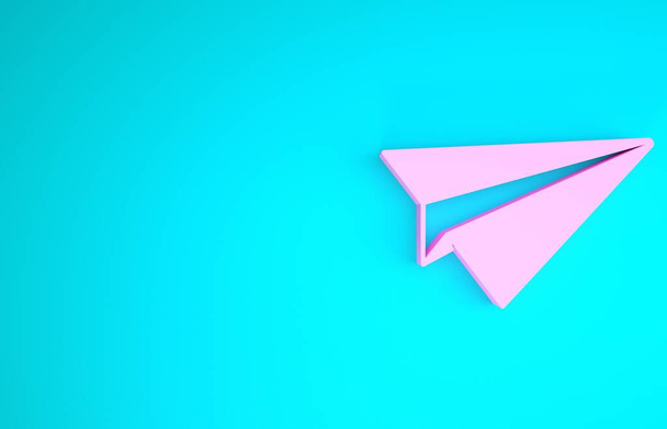 Icona del piano di carta rosa isolata su sfondo blu. Icona dell'aereo di carta. Segnaletica aerea. Concetto minimalista. Illustrazione 3d rendering 3D
 - Foto, immagini