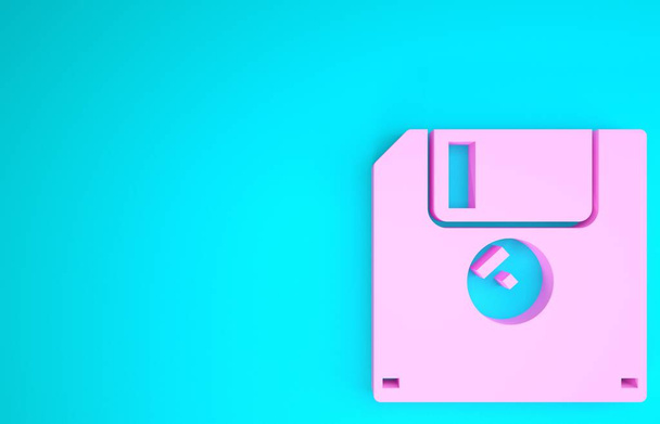 rosa Diskette für Computer-Datenspeicher-Symbol isoliert auf blauem Hintergrund. Diskettenzeichen. Minimalismus-Konzept. 3D Illustration 3D Renderer - Foto, Bild