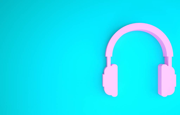 Ikona růžová sluchátka izolované na modrém pozadí. Nápis na sluchátka. Koncepční objekt pro poslech hudby, služby, komunikace a operátora. Minimalismus. 3D ilustrace 3D vykreslení - Fotografie, Obrázek