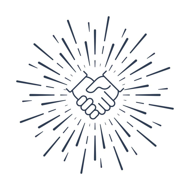 Handshake in the rays. Joint efforts. Vector linear icon on a white background. - Vector, Image
