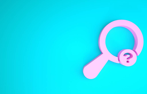 Pink Unknown search icon isolated on blue background. Magnifying glass and question mark. Minimalism concept. 3d illustration 3D render - Photo, Image