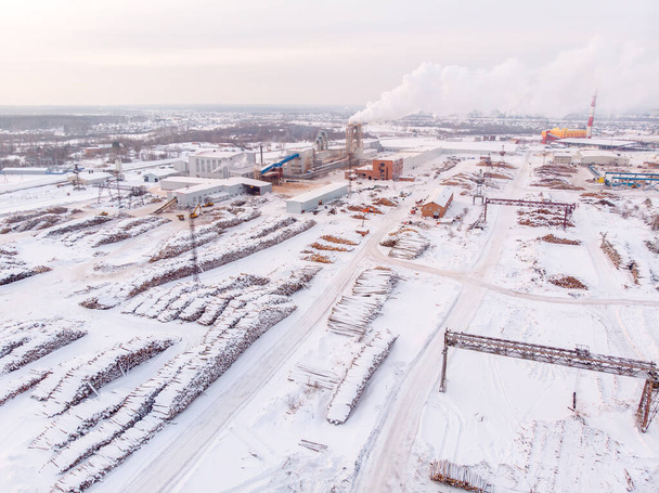 Fűrésztelep, rönkraktár, téli fakitermelés. Oroszország, Tomszk - Fotó, kép