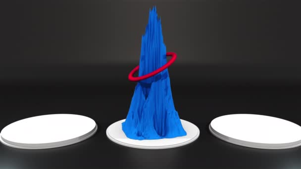 Computergegenereerd abstract landschap met sokkels en een berg en een ring in het centrale deel. 3d weergave van geometrische achtergrond - Video