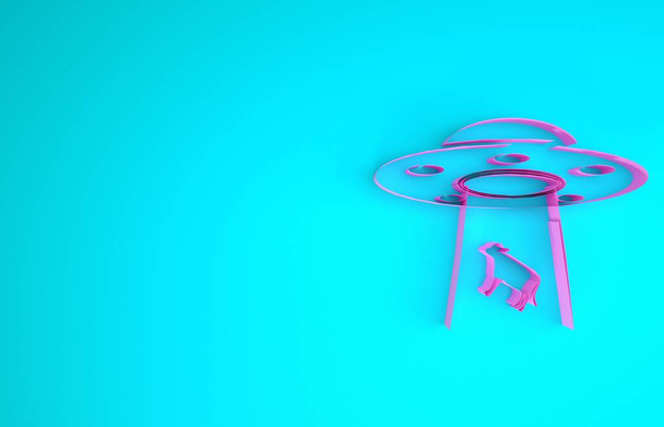 Розовый НЛО похищает иконку коровы на синем фоне. Летающая тарелка. Космический корабль пришельцев. Футуристический неизвестный летающий объект. Концепция минимализма. 3D-рендеринг
 - Фото, изображение