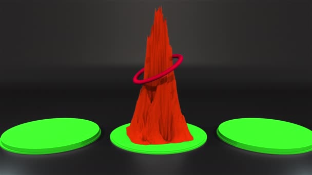 Computergegenereerd abstract landschap met sokkels en een berg en een ring in het centrale deel. 3d weergave van geometrische achtergrond - Video