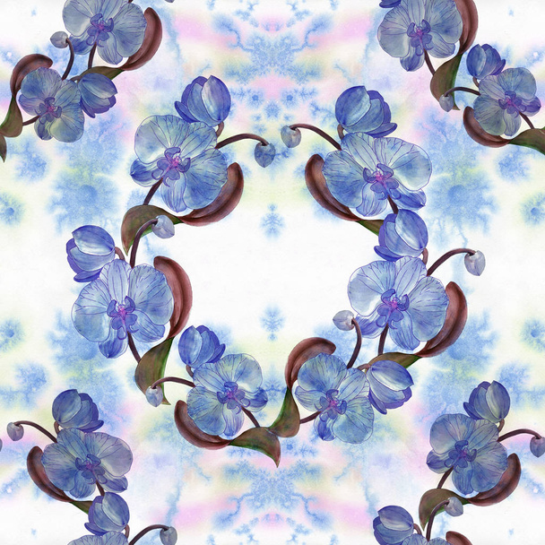 Orchids. Branch with flowers, buds and leaves on a watercolor background. Seamless background. Collage of flowers and leaves. Use printed materials, signs, objects, sites, maps. - Foto, Bild