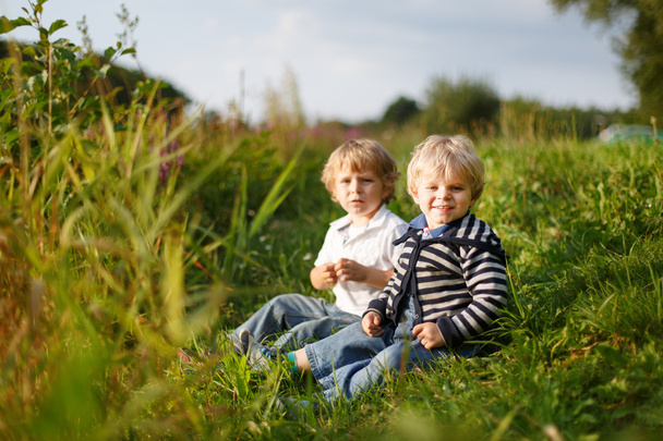 Kaksi pikkuveljeä leikkimässä lähellä metsäjärveä kesällä eveni
 - Valokuva, kuva