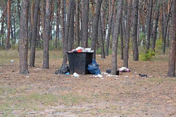 Ένας κάδος απορριμμάτων σιδήρου στέκεται σε ένα κωνοφόρο δάσος από κοντά. Μια σιδερένια τεφροδόχος είναι γεμάτη με σκουπίδια, σκουπίδια βρίσκονται τριγύρω. Προστασία του περιβάλλοντος, διάθεση απορριμμάτων. - Φωτογραφία, εικόνα