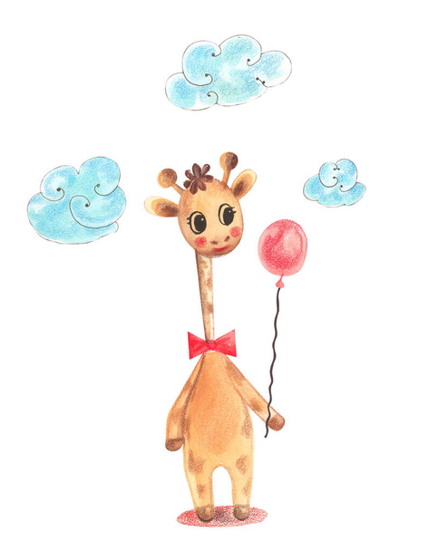 Illustration of a colorful watercolor animal character giraffe standing and holding a balloon on a white isolated background. - Foto, Bild