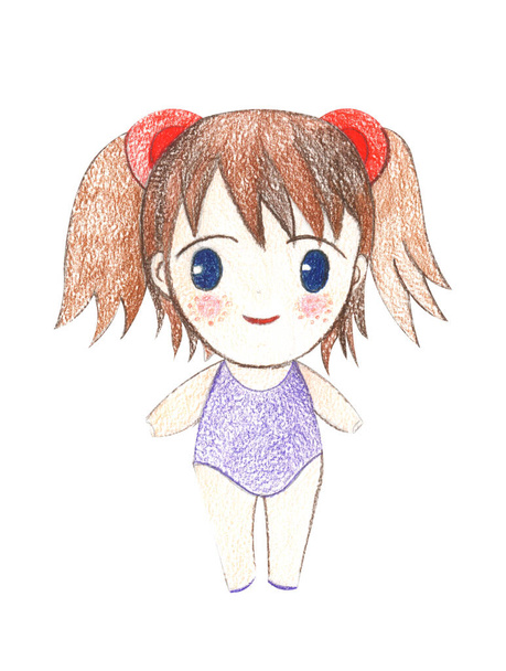 Иллюстрация Цветной рисунок девушки манги в одежде на белом изолированном фоне
. - Фото, изображение