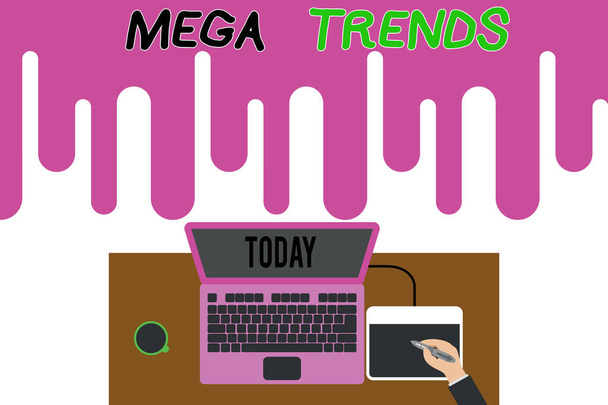 Kézírás szöveg írás Mega Trends. Koncepció jelentése erőteljes jelenségek befolyásolják az alapjait világunk Felső nézet laptop fa íróasztal munkás rajz tabletta kávé csésze iroda. - Fotó, kép