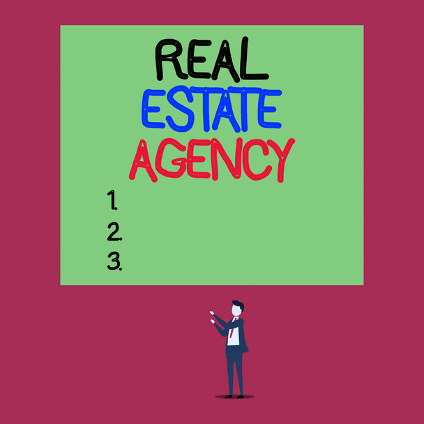 Handwriting text Real Estate Agency. Concept meaning Business Entity Arrange Sell Rent Lease Manage Properties Isolated view young man standing pointing upwards two hands big rectangle. - 写真・画像