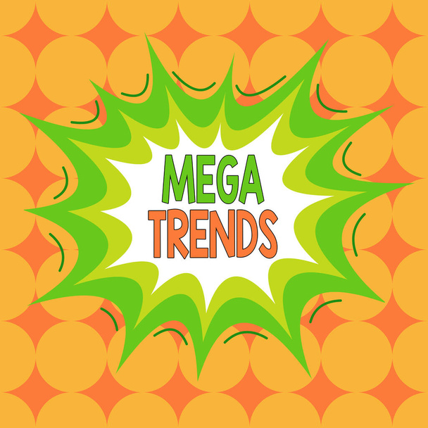 Word writing text Mega Trends. Business concept for powerful phenomena impacting the foundations of our world Asymmetrical uneven shaped format pattern object outline multicolour design. - Photo, Image