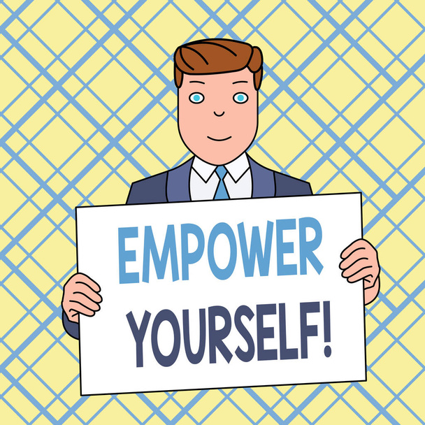 Scrivere una nota che mostra Empower Yourself. Business photo showcase prendere il controllo dei nostri obiettivi di impostazione della vita e fare scelte Sorridente Uomo Holding Suit Poster Board di fronte a se stesso
. - Foto, immagini