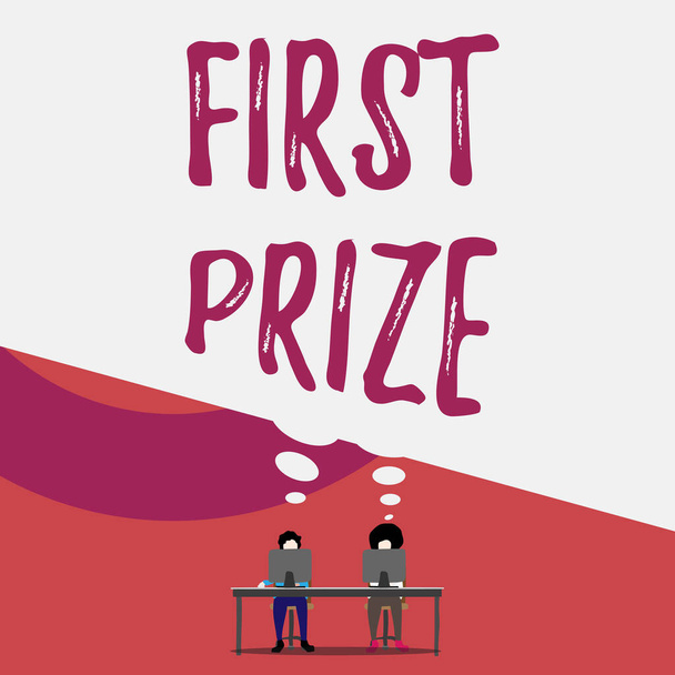 Handwriting text writing First Prize. Concept meaning the most desirable or grand prize offered for the overall winner Two men sitting behind desk each one laptop sharing blank thought bubble. - Fotoğraf, Görsel