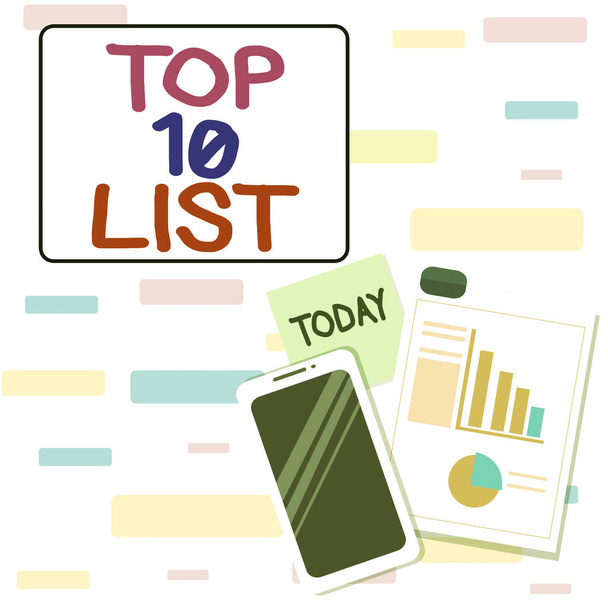 Nota de escritura que muestra la lista Top 10. Foto de negocios mostrando los diez elementos más importantes o exitosos en una lista particular Diseño Smartphone Adhesivo Notas con gráfico de pastel y gráfico de barras
. - Foto, Imagen