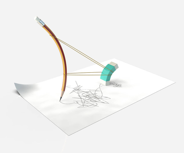 Pencil & Eraser & Paper & Scrawl Line - Front - 3D Render - Photo, Image