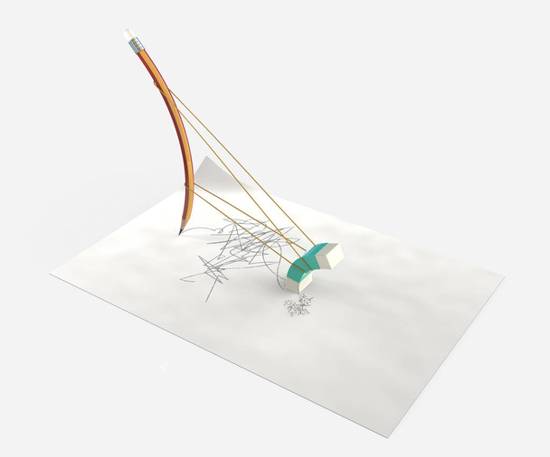 Олівець і ластик і папір і лінія відскоку - Назад - 3D рендеринг
 - Фото, зображення